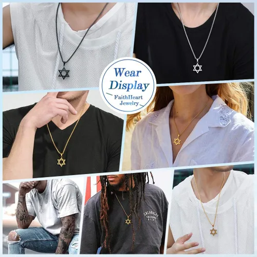 Vista 5 de FaithHeart Magen David - Collar con colgante de estrella de David de acero inoxidable joyería judía para mujeres y hombres el sello de Salomón