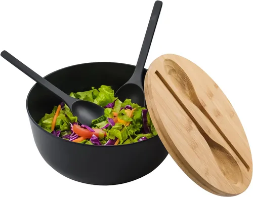 Vista 4 de LOVYANXUE - Juego de ensaladera de fibra de bambú con utensilios para servir de gran tamaño de 9.8 pulgadas, juego de mezcla de bambú natural