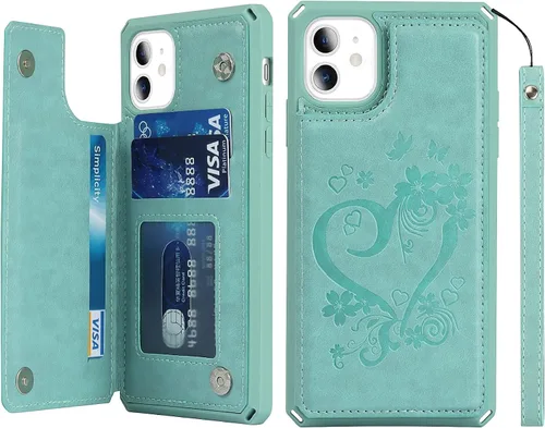 Vista 14 de iCoverCase Funda compatible con iPhone 11 con tarjetero para mujer, bloqueo RFID en relieve, piel sintética con correa de muñeca de 6.1 pulgadas
