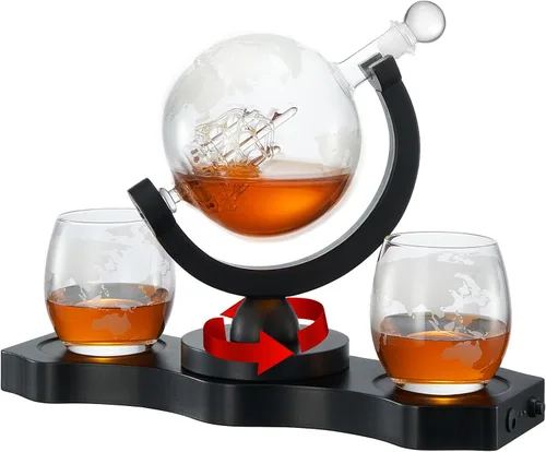 Vista 7 de Juego de decantador de whisky con globo giratorio y 2 vasos para whisky grabados - Regalos para hombres, papá, aniversario, cumpleaños, inauguración