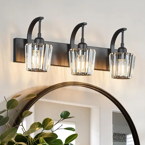 Vista 40 de Luces de tocador de cristal de 3 luces negras para tocador de baño, modernas lámparas de baño de cristal sobre espejo de 23.62 pulgadas de largo