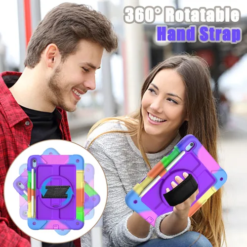 Vista 6 de Funda para iPad de 10.9 pulgadas 2022, duradera, ligera, a prueba de golpes, con soporte para lápices, soporte giratorio de 360º, correa
