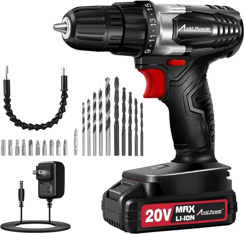 Vista 10 de AVID POWER Kit de taladro eléctrico máximo de 20 V, juego de taladro inalámbrico con batería y cargador, 2 velocidades variables, portabrocas sin