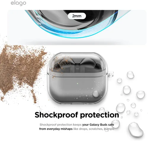Vista 4 de elago Compatible con Samsung Galaxy Buds 3 Pro y 3 y 3 FE, funda transparente con mosquetón, cubierta de TPU premium, carga inalámbrica, accesorios