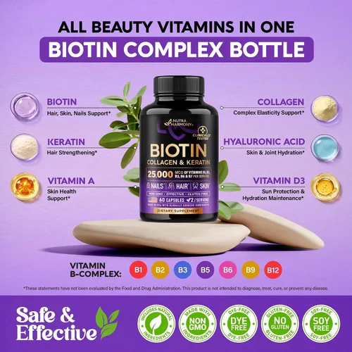 Vista 6 de Biotina Colágeno Ácido hialurónico Queratina - Vitaminas para apoyar el crecimiento del cabello y la fuerza - Suplemento para la piel