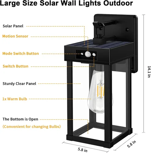 Vista 6 de Auzev Lámparas solares de pared para exteriores, farol solar exterior con panel transparente, sensor de movimiento, 3 modos de iluminación, aplique