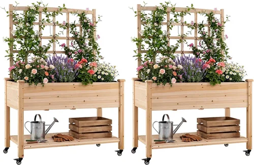 Vista 13 de Giantex Cama de jardín elevada, maceta elevada de madera con forro, cama elevada independiente de 47 x 23 x 30 pulgadas para plantas