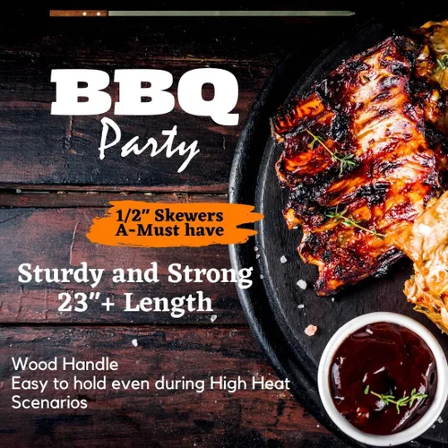 Vista 3 de Brochetas planas de media pulgada para barbacoa de acero inoxidable con mango de madera maciza para asar estilo brasileño Kebob Koubideh Kebab turco