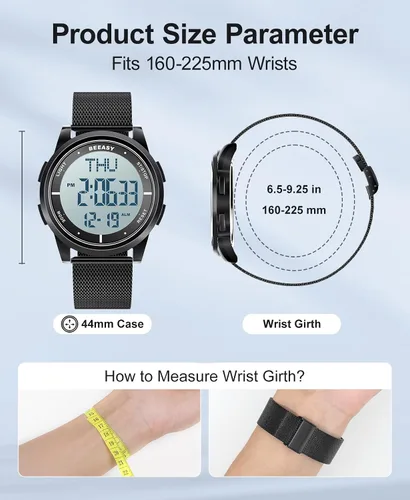 Vista 27 de Beeasy - Reloj digital de pulsera resistente al agua con cronómetro, alarma, cuenta regresiva, doble zona horaria, ultrafino, pantalla angular muy