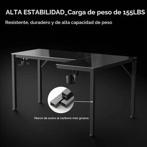Vista 7 de EUREKA ERGONOMIC Escritorio de Juegos en Forma de L Reversible de 60 Pulgadas de Vidrio Negro con Luces LED RGB, Mesa de Computadora para Oficina