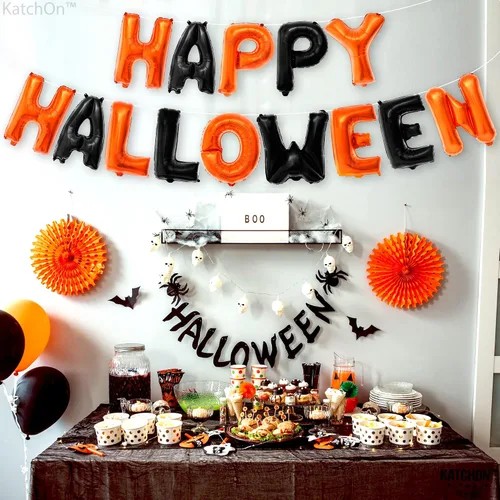 Vista 6 de KatchOn, Cartel de globos de Feliz Halloween, 16 pulgadas, paquete de 14, pancarta de feliz Halloween para decoraciones de fiesta de Halloween