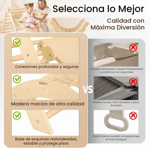 Vista 6 de Belleur Juguetes de Escalada 7 en 1 para Niños Pequeños de 1-3 Años, Set de Triángulo Pikler de Madera Plegable para Interiores, Set de Escalada