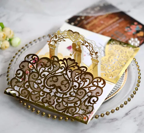 Vista 6 de NC Paquete de 10 invitaciones de boda desplegables en 3D doradas, elegantes tarjetas de aniversario de diseño de novia y novio para celebraciones