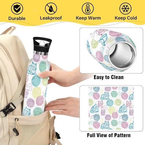 Vista 4 de Botella de agua deportiva sin BPA a prueba de fugas con asa, líneas coloridas, aislamiento de doble pared para gatos, para deportes, viajes