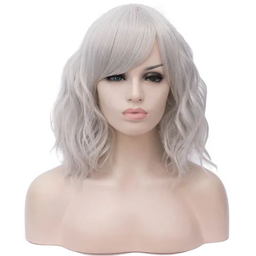 Vista 25 de BUFASHION Peluca rizada corta ondulada de 14 pulgadas para mujer, peluca sintética para cosplay, Halloween, peluca con flequillo lateral (negro)