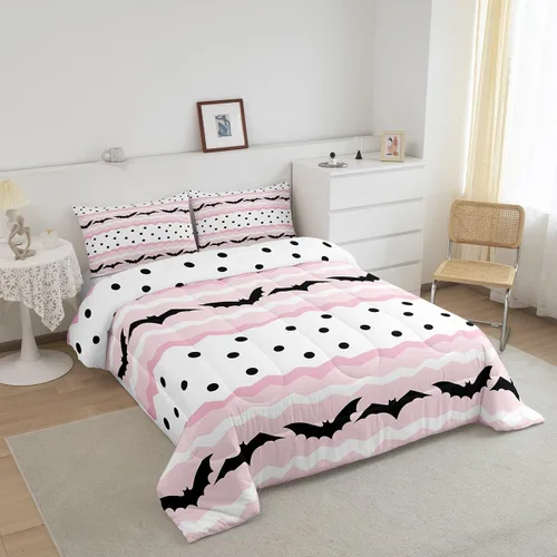 Vista 2 de Lindo juego de edredón de murciélago tamaño Queen con diseño de animales de Feliz Halloween, 3 piezas para decoración de habitación de niños