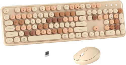 Vista 8 de MPTOG Combo de teclado y mouse inalámbrico de computadora colorido con teclas redondas estilo máquina de escribir, diseño retro, interruptor