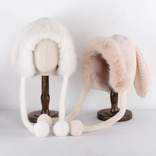 Vista 3 de Fauxfur Y2k - Gorro de conejo para mujer, gorro de invierno cálido con diseño de calavera y pompón, sombrero holgado