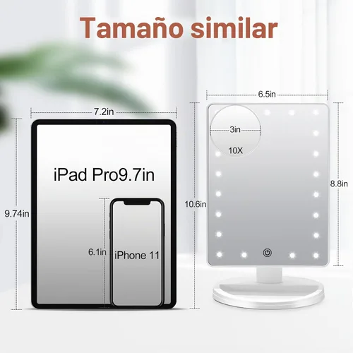 Vista 5 de COSMIRROR Espejo de tocador de maquillaje iluminado con espejo de aumento de 10X, espejo iluminado con 21 luces LED con atenuación de sensor táctil