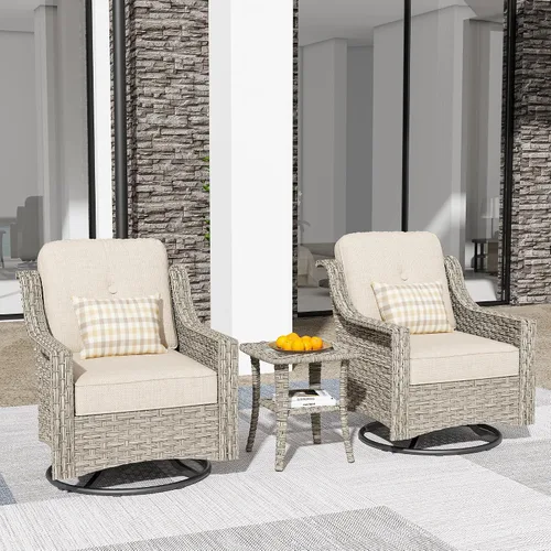 Vista 13 de HOOOWOOO Sofá de patio de 3 plazas de mimbre para exteriores, resistente a todo tipo de clima, con respaldo alto, muebles a juego (beige y bronceado)