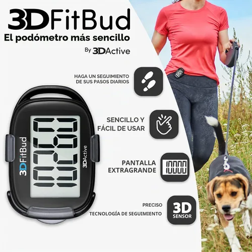 Vista 2 de 3DFitBud Simple Contador de Pasos - Podómetro 3D para caminar de 3DActive con clip, cordón, rastreador de pasos preciso, pantalla grande, fácil