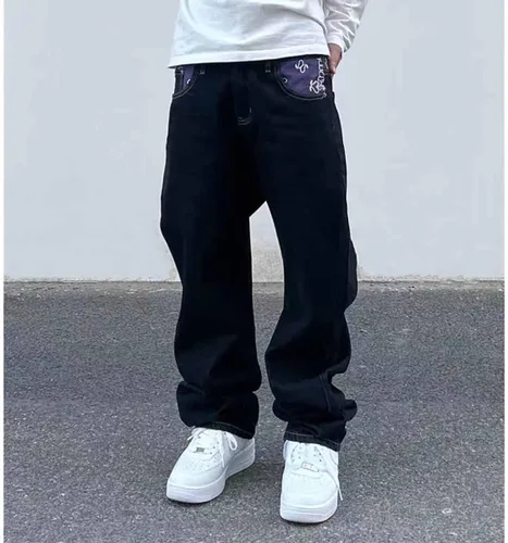 Vista 2 de American Vintage - Pantalones de mezclilla para hombre, estilo gótico, con estampado de letras en contraste, holgados, de pierna ancha, casuales