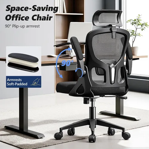 Vista 5 de Silla de oficina ergonómica, silla de escritorio de respaldo alto con brazos abatibles, silla de computadora de malla de 300 libras