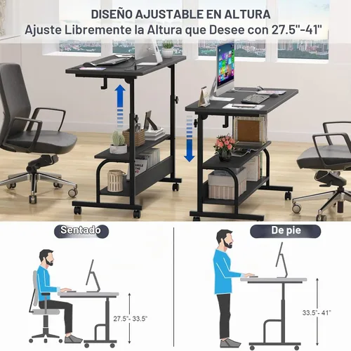 Vista 6 de Armocity Escritorio de pie ajustable en altura con tomas de corriente, escritorio de pie manual de 32 pulgadas con estantes de almacenamiento