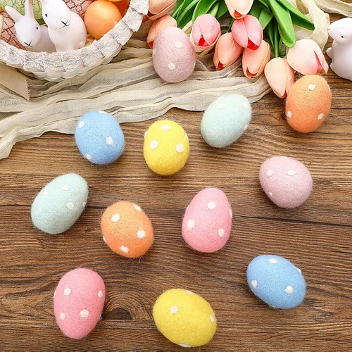 Vista 4 de VitalCozy 12 huevos de Pascua coloridos de fieltro con lunares pastel, huevos de fieltro sorpresa, adornos colgantes para cestas de Pascua