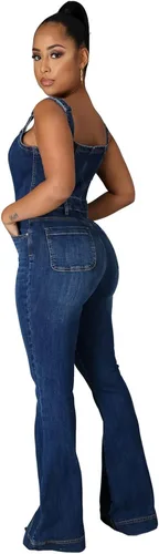 Vista 2 de Pantalones de mezclilla sin mangas para mujer, con hombros descubiertos, ajustados, holgados, con botones, pierna ancha, overol sexy y ajustado
