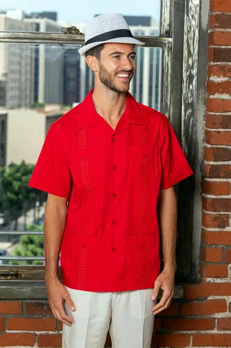 Vista 3 de Camisa de guayabera para hombre, cuatro bolsillos, manga corta, clásica, para vacaciones, boda, bordado, Pintuck, camisa relajada