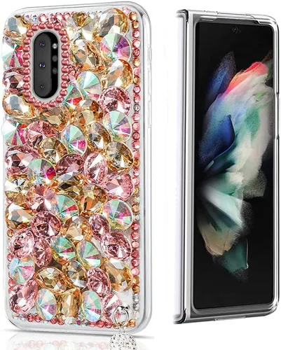 Vista 15 de Sparkle - Funda compatible con Samsung Galaxy Z Fold 3 5G, elegante funda 3D hecha a mano con diamantes de imitación de camelia, color negro