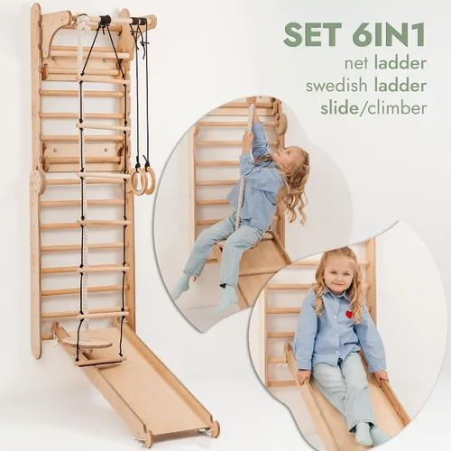 Vista 3 de Zona de juegos interior 6 en 1 para niños, pared sueca de madera, escalera de escalada, tobogán, columpio, anillos de gimnasia, pared de escalada