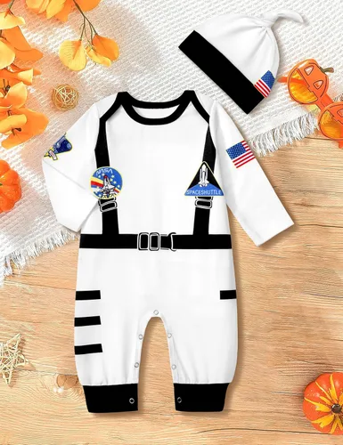 Vista 5 de Disfraz de astronauta para bebé niño y niña, disfraz de astronauta, overol para bebé, conjunto de 2 piezas