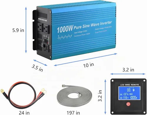 Vista 2 de Inversor de Potencia de Onda Senoidal Pura 1000W DC12V a AC 110V con enchufes duales y USB, kit con LCD y control remoto. (1000W)