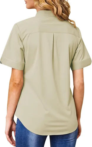 Vista 5 de Camisas con botones para mujer, sin arrugas, ajustadas, manga corta, formal, sólidas, blusas
