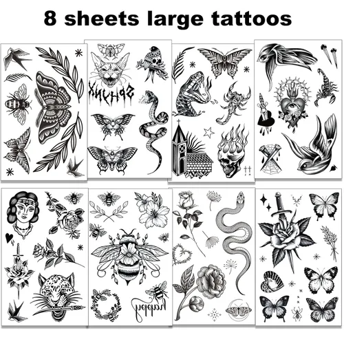 Vista 2 de Tazimi 8 hojas de tatuajes temporales grandes en negro para mujeres y niñas, tatuajes falsos realistas de mariposas, serpientes, abejas