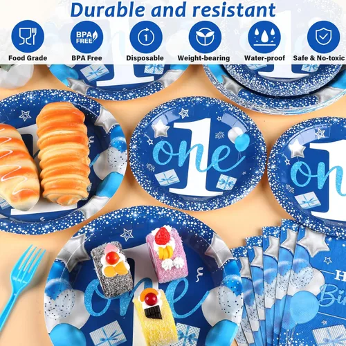 Vista 3 de Wiooffen Juego de vajilla para fiesta de cumpleaños de niño de 1 año, azul, 96 piezas, para 24 invitados, platos de papel, servilletas, tenedores
