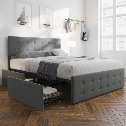Vista 8 de GAOMON Base de cama de tamaño matrimonial con 4 cajones de almacenamiento y cabecero, base de colchón tapizada con plataforma completa, base