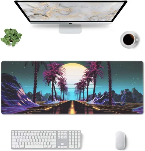 Vista 2 de Retrowave Synthwave - Alfombrilla de mouse grande para juegos, XL, alfombrilla de mouse larga extendida, base de goma antideslizante, bordes