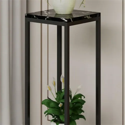 Vista 2 de Mesa cuadrada simple de madera de varios niveles con estante de almacenamiento, soporte para maceta de hierro forjado para sala de estar en Negro