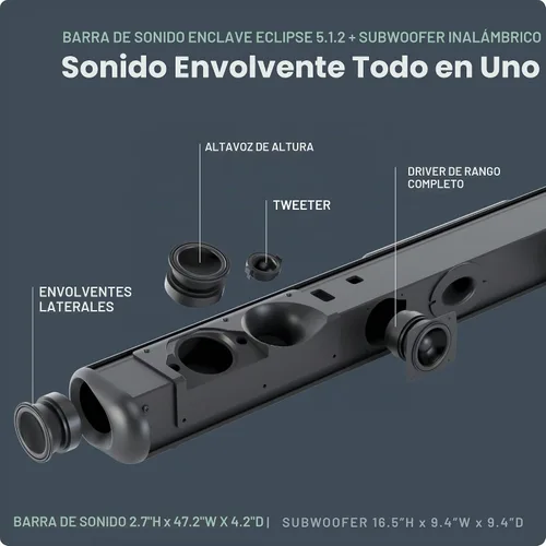 Vista 4 de Enclave Eclipse 5.1.2 Dolby Atmos Barra de sonido con subwoofer inalámbrico de 8 pulgadas, incluye 11 controladores personalizados y subwoofer de 8