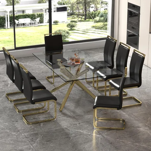 Vista 10 de Juego de 6 mesas de comedor de cristal, moderno juego de mesa de comedor de vidrio templado rectangular transparente de 71 pulgadas y 6 sillas