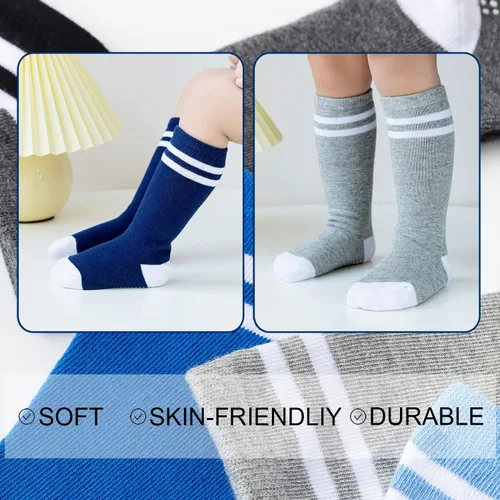 Vista 5 de EPEIUS Calcetines altos hasta la rodilla con agarre antideslizante Toddller Athletic Stripe Team Tube Calcetines para niños y niñas, paquete de 5