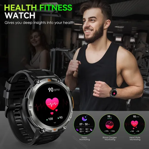 Vista 6 de Reloj inteligente militar para hombres con linterna LED 1.45 "HD Bluetooth