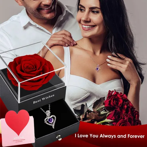 Vista 8 de Forever Rose - Caja de regalo con collar – Rosa eterna real con collar de plata de ley 925 en el interior, flor de rosa real encantada para el día