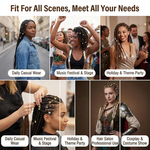 Vista 6 de 60 piezas de accesorios metálicos para el cabello de estilo surtido, anillos para puños, cuentas de bobina, botones de rastas, decoraciones