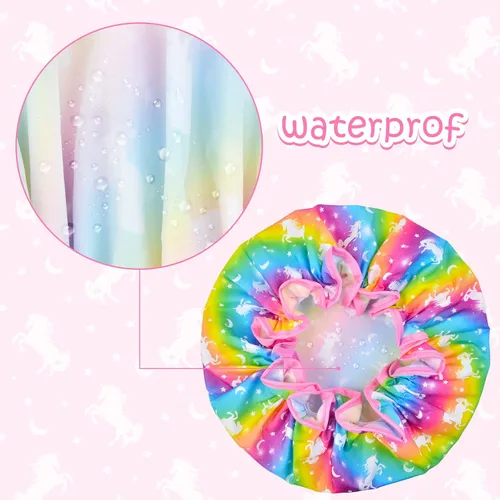 Vista 5 de Olypegic Gorro de ducha para niños, 3 piezas, para niñas, reutilizable, impermeable, ajustable, grande, con unicornio, sirena, arco iris, lindo