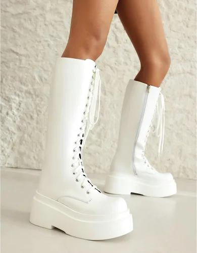 Vista 44 de Parisuit Botas góticas altas hasta la rodilla con hebilla de plataforma para mujer, tacón alto grueso, con cordones, botas de combate punk, con Negro
