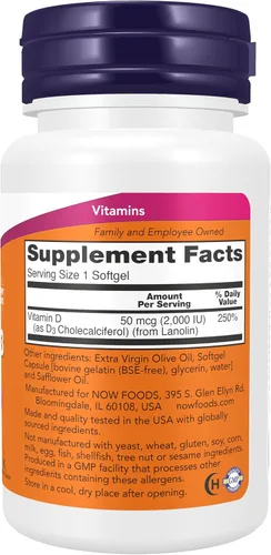 Vista 2 de NOW Foods Suplementos, Vitamina D-3 2000 UI, Alta Potencia, Apoyo Estructural*, 240 cápsulas blandas